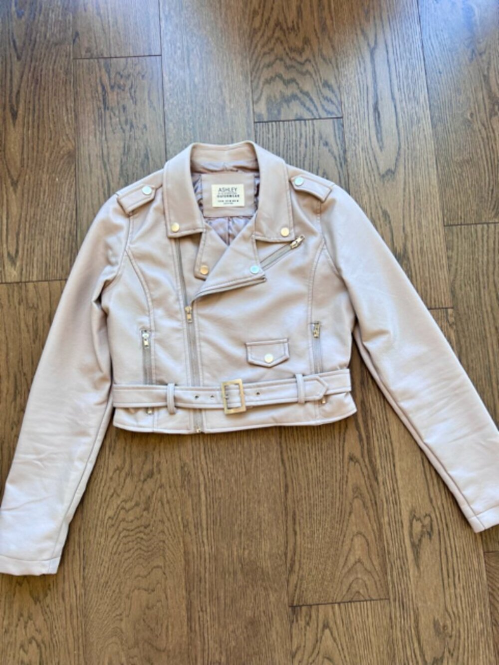 Ashley Blush Faux Leather Belted Moto Jacket Silver Hardware M